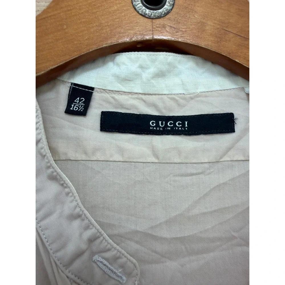 Gucci Mens Beige Band Collar Long Sleeve Button Down Shirt Made in Italy 42 16.5
